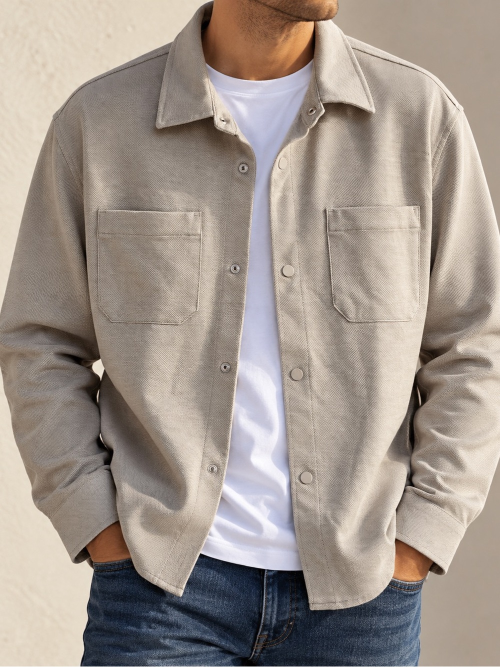 ZARA Men’s XL Textured Knit Overshirt Shacket Taupe Beige Snap Front